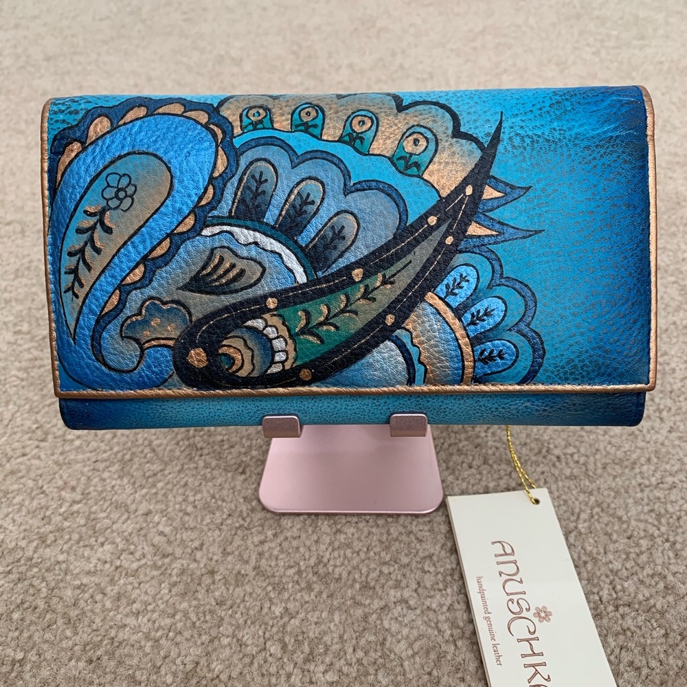 Anuschka Blue Paisley Hand-painted Leather Wallet